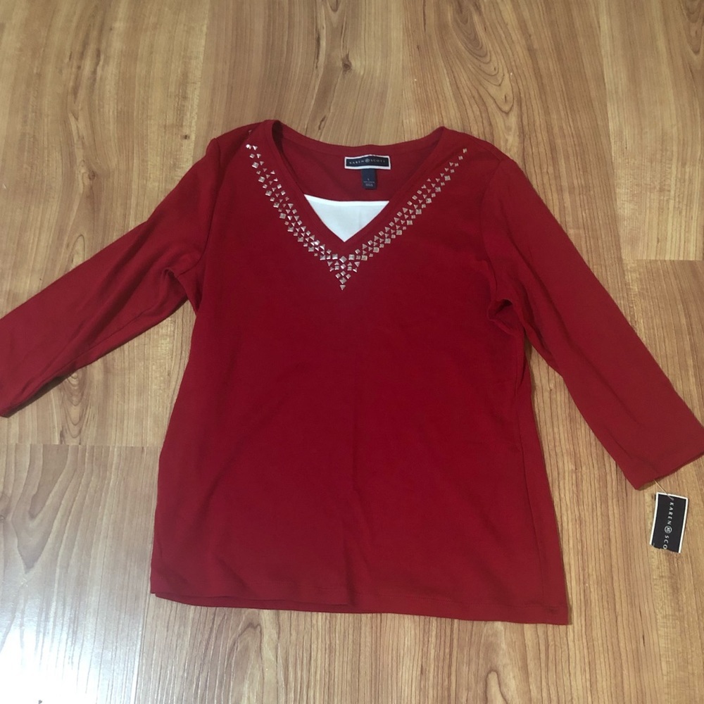 NWT Karen Scott Embellished V-Neck Top Red 3/4 Sleeve